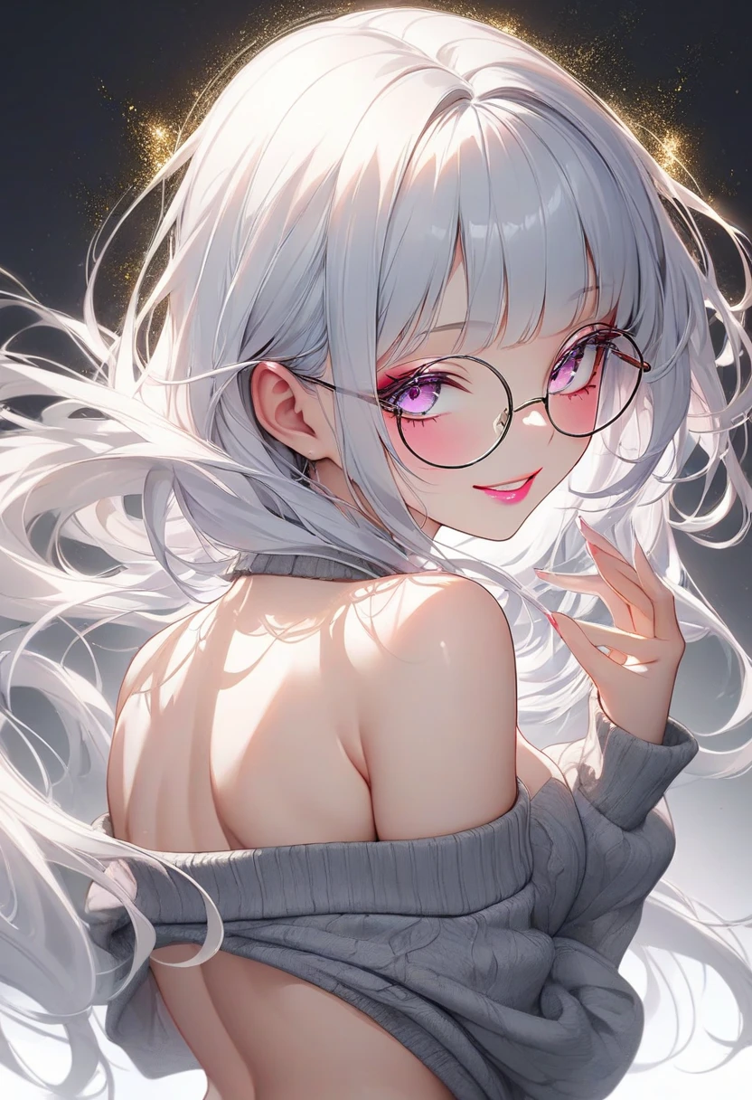 looking back, beautiful woman, silver-rimmed glasses, silver fluffy two side up messy wavy long hair, make-up, wearing white dress made of thin knit fabric, amorous and lewd expression, great Proportions, glitter effects, foggy filter effects, 2.5D, delicate and dynamic