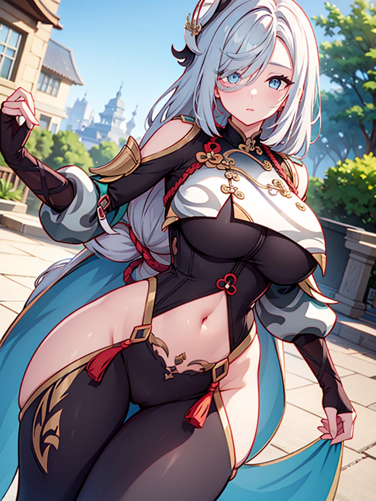 Masterpiece, high quality, shenhe \(genshin impact\), genshin impact, big breasts, busty, sexy, wide hips, white hair, blue eyes, hair ornament, breast curtains, bodystocking, hip vent, outdoor, wet