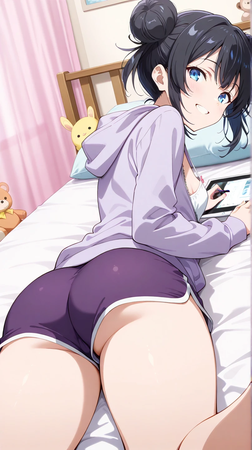 tennis girl's massive rear butt cheeks out of bottomless slutty mini sweater out bare and brown boots, showing her butt, lying down, on bed, bent over, wearing oven mittens under big pillow, blindfold