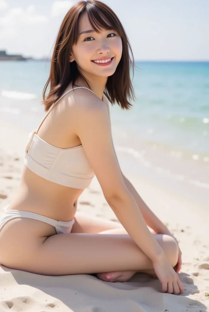 masterpiece, best quality, 8K, absurdres, beach, ocean, old woman, glad, smiling, standing, looking back, short hair, wave hair, black hair, eyes open, wrinkles skin, detailed skin, detailed face, pale skin, fair skin, fat, curvy, (((white bikini))), (((Thong swimsuit))), piercing, necklace, curvy, plump, fat, chubby, beauty mark, senior citizen, japanese, outside, in the ocean, on the beach, in the afternoon, ultra realistic photo, real person, nsfw, full body shot, from front, front view, cowboy shot, sunlight