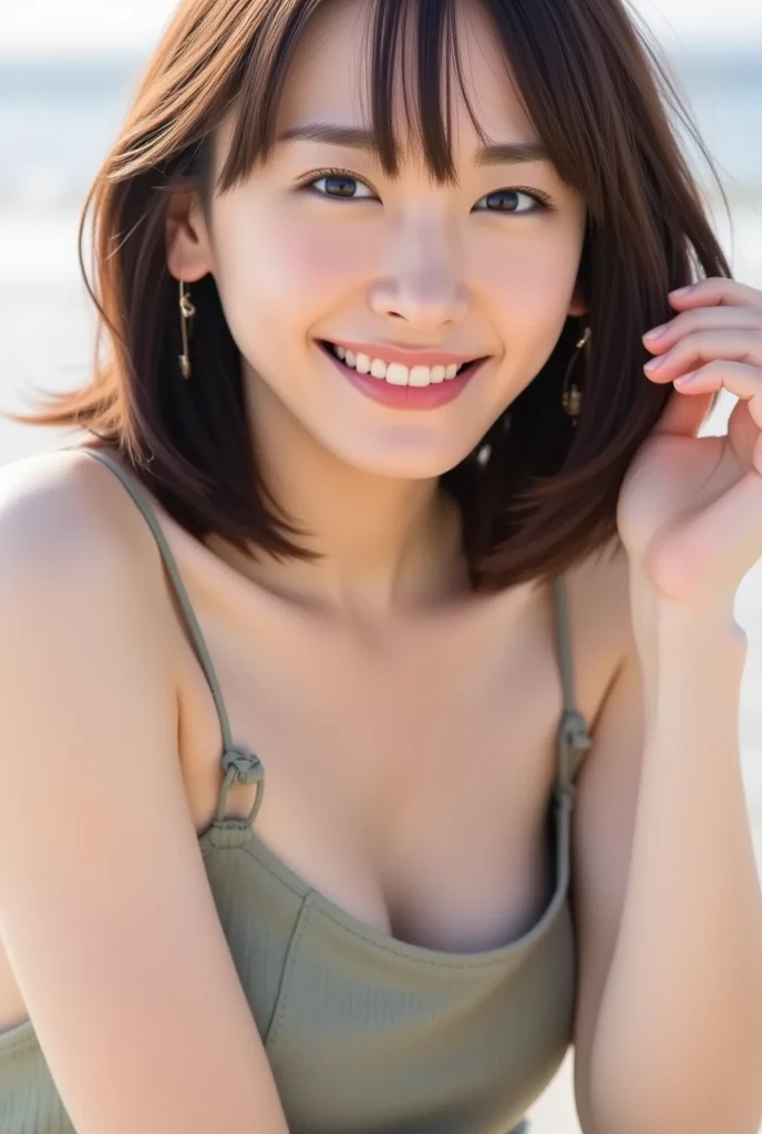 Top quality, 1 beautiful woman, super short Hair, Giddy Smile, wearing tanktop, Close Up