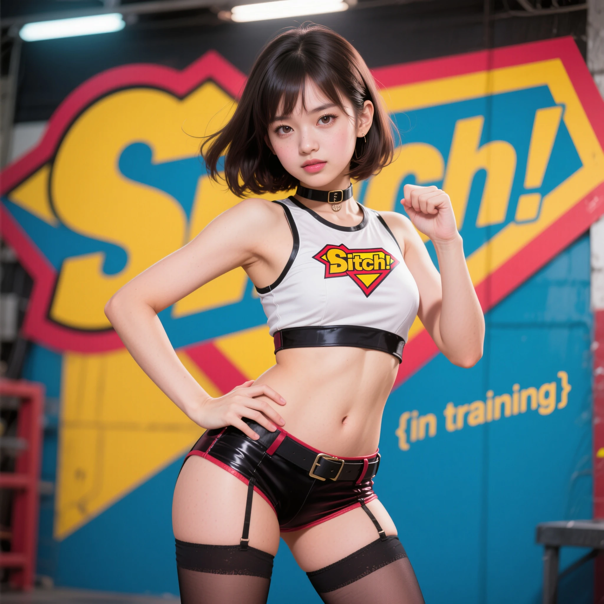 Two beautiful young women (Lavender latex bra top that accentuates the figure、Wearing lavender latex shorts)、(Lavender-colored newsboy cap、wearing white gloves)、(Doing split squats:1.4)、Showing my belly button、looking at the camera、smile、natural breasts