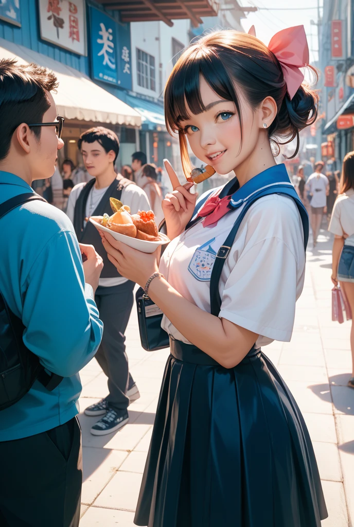 High School Girl、a miniskirt、a picture、​masterpiece、top-quality、blue open sky、open legs with large breasts,,,,,,,,、(Sexy mini skirt:1.3)、Refreshing look、is standing、Face like in the photo、Brown hair、panties focus、Popsicles are slightly melted（Melted liquid drips on a girl）、realisticlying、realisitic、beautiful expression、Japanese face
