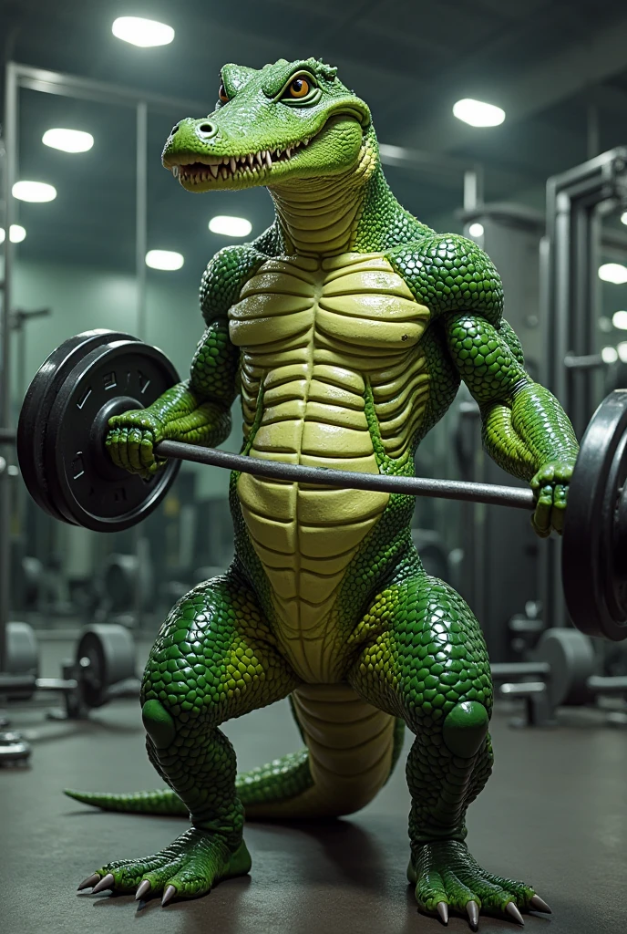 Kermit the Frog doing deadlifts swole at a luxury gym, portra 400, gym shot
