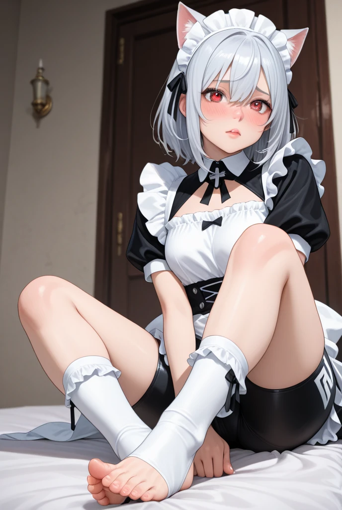 1 Girl,Kagura Mia ,white hair,Heterochromia,Half closed eyes,(Giddenmei 1.5),white hair,Heterochromia,Half closed eyes,(Giddenmei 1.5),short sleeve dress,double braid hair，White underwear，military uniform,Puff sleeves,Cloth bag,Gloves,White pantyhose,Sitting on the bed,Lift your feet,Show socks soles，2legs,Legs Focus,From below，Condoms on the bed，Feet open，See the soles of socks，Sole socks display，Sexual suggestion，foot fetish，Containing condoms，Condoms in the mouth，