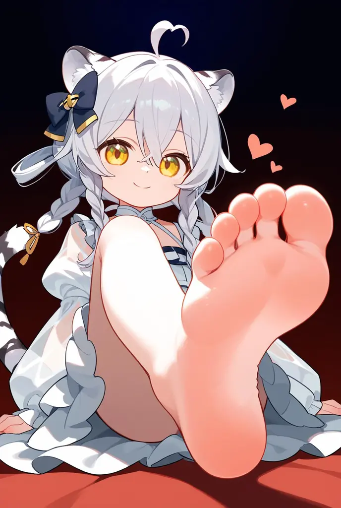 (score_9,score_8_up,score_7_up,),<lora:hpl1:0.8>,Kohaku Rin,1girl,long hair,ahoge,animal ears,bangs,tiger ears,tiger tail,tail,braid,white hair,yellow eyes,closed mouth,frilled dress,white dress,twin braids,frills,barefoot,(foot focus:1.1),hair between eyes,hair bow,hair rings,heart,puffy long sleeves,(see-through sleeves:1.2),sleeves past wrists,smile,solo,looking at viewer,feet,