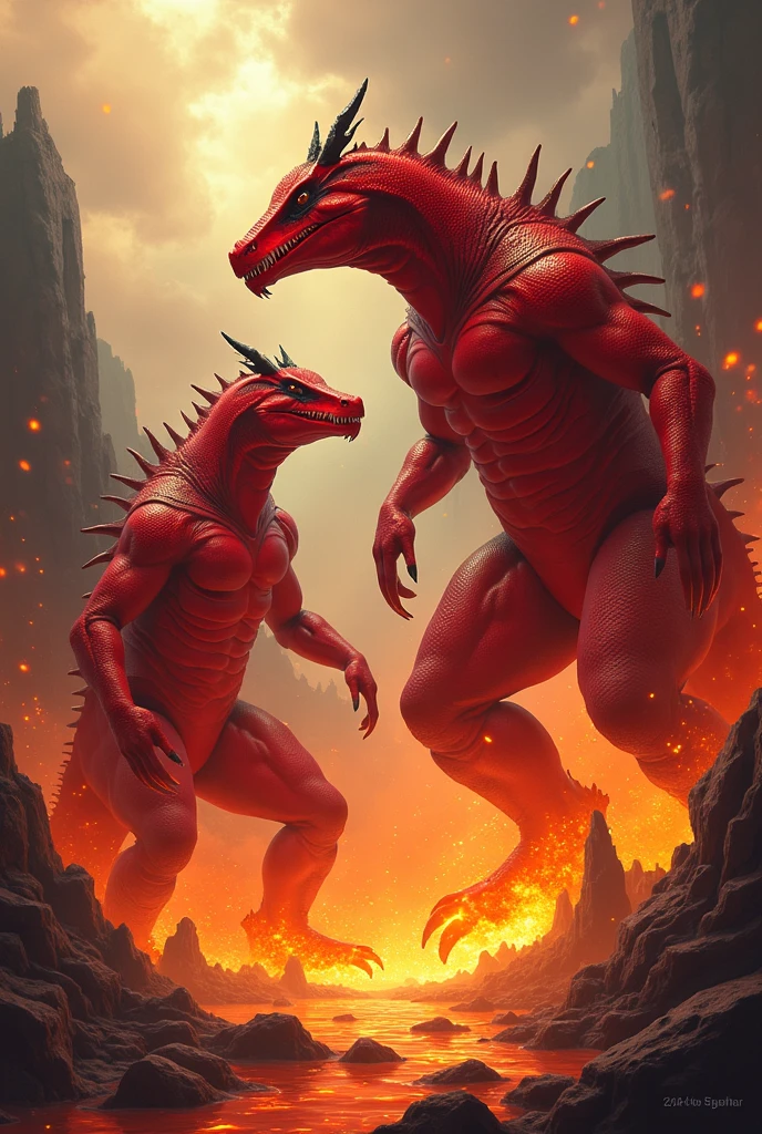 Sexy humanoid red dragon women and sexy humanoid blue dragonoid woman,angrily intertwining tails and stomping on eachothers tail