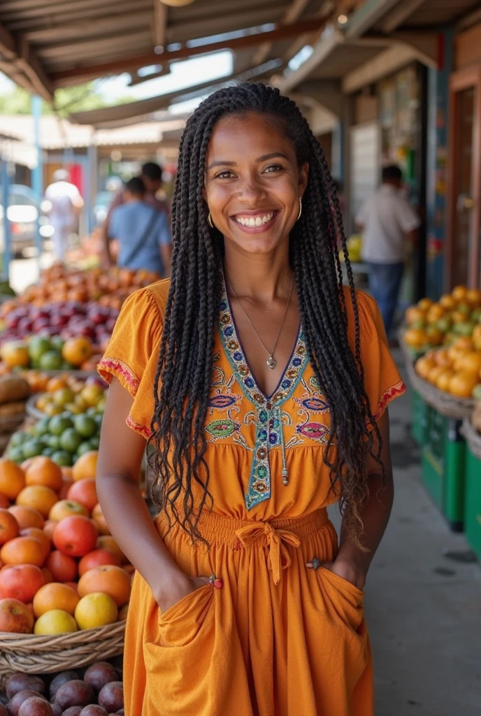 playful (black woman), professional portrait photograph with erotic composition, legs spread, background is an outdoor farmer market, pronounced feminine feature, (high detailed skin:1.2), soft light