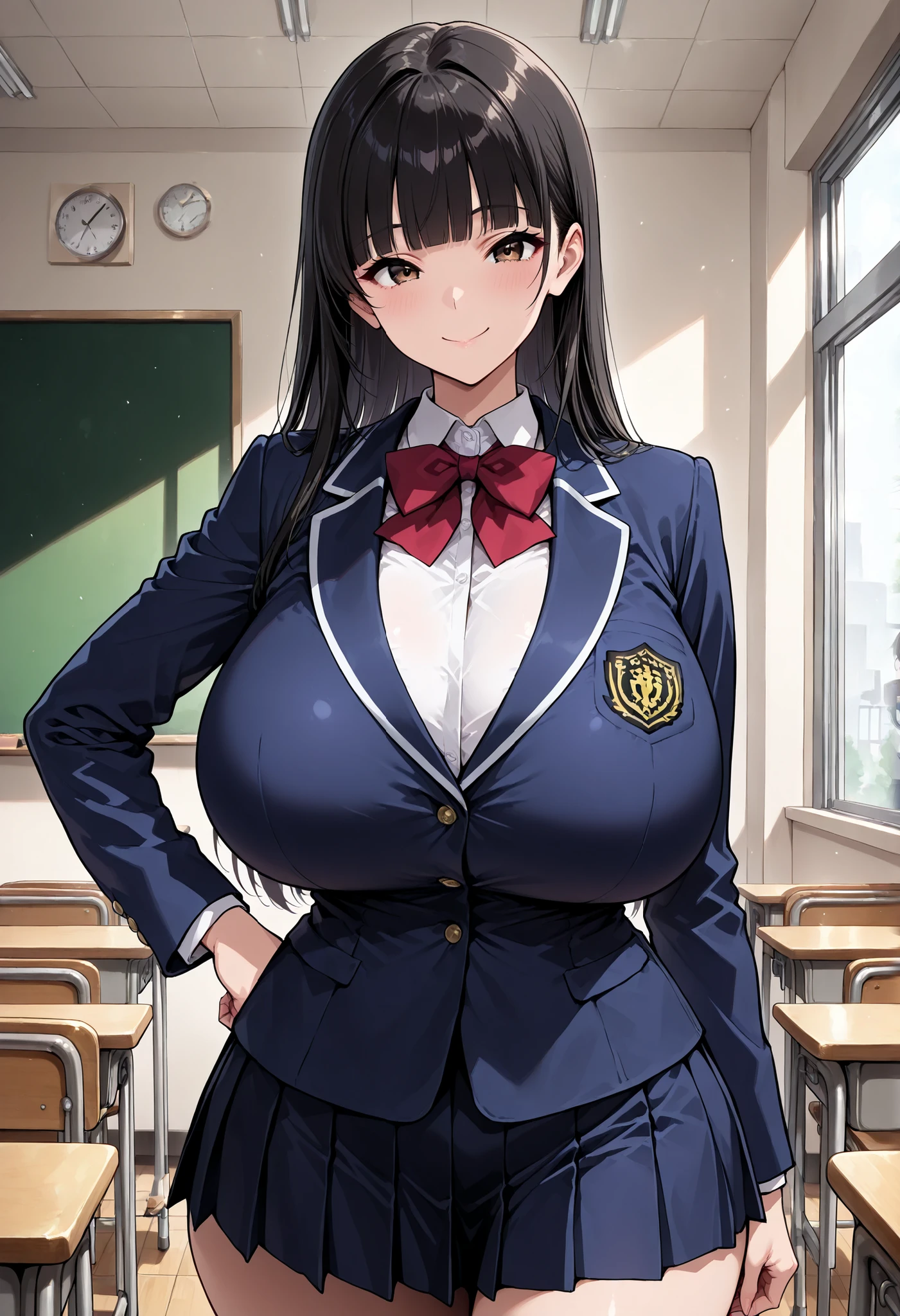 (masterpiece, 8k, super high resolution, absurd:1.2), 1 Japanese woman, 10th Generation, (black hair long, straight hair, blunt bangs), Beautiful Character Designs, perfect contrast, Anatomically Accurate, perfect face, Beautiful and delicate eyes, expressive eyes, brown eyes, Smile, (school uniform, navy blue jacket, Pleated Skirt), (huge breasts, saggy huge breasts:1.1), (pretty shaped ), Thin Waist, wide hips, put hand hip, In the classroom