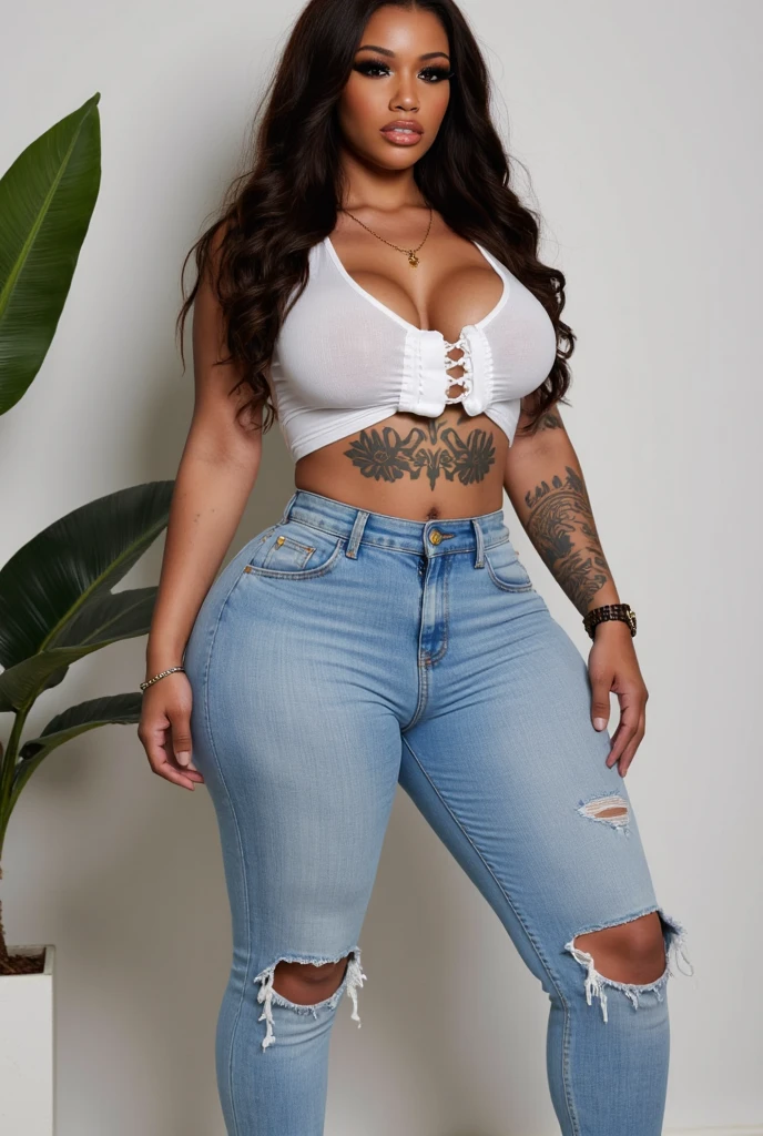 realistic photo, hot woman, skin tanned, long black hair, greeneyes, fleshy lips, big silicone breasts, Waist slender, thick-thighs, red nails, red lipgloss stick, gold hoop earrings, golden necklace, golden bracelet, golden ring, tattoo on arm, back tattoo