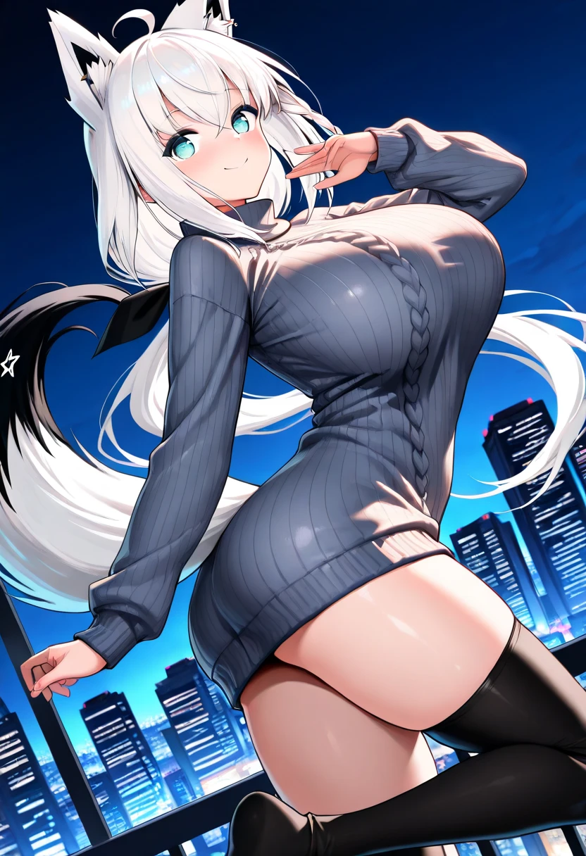 (artwork, best quality) a girl with long blue hair, blue eyes, blue eyelashes, black turtleneck sweater, black mini skirt, big breasts, bare legs, upset, perfect body, pretty eyes, nice waist, tattoo, blushing, on a street in New York, at night