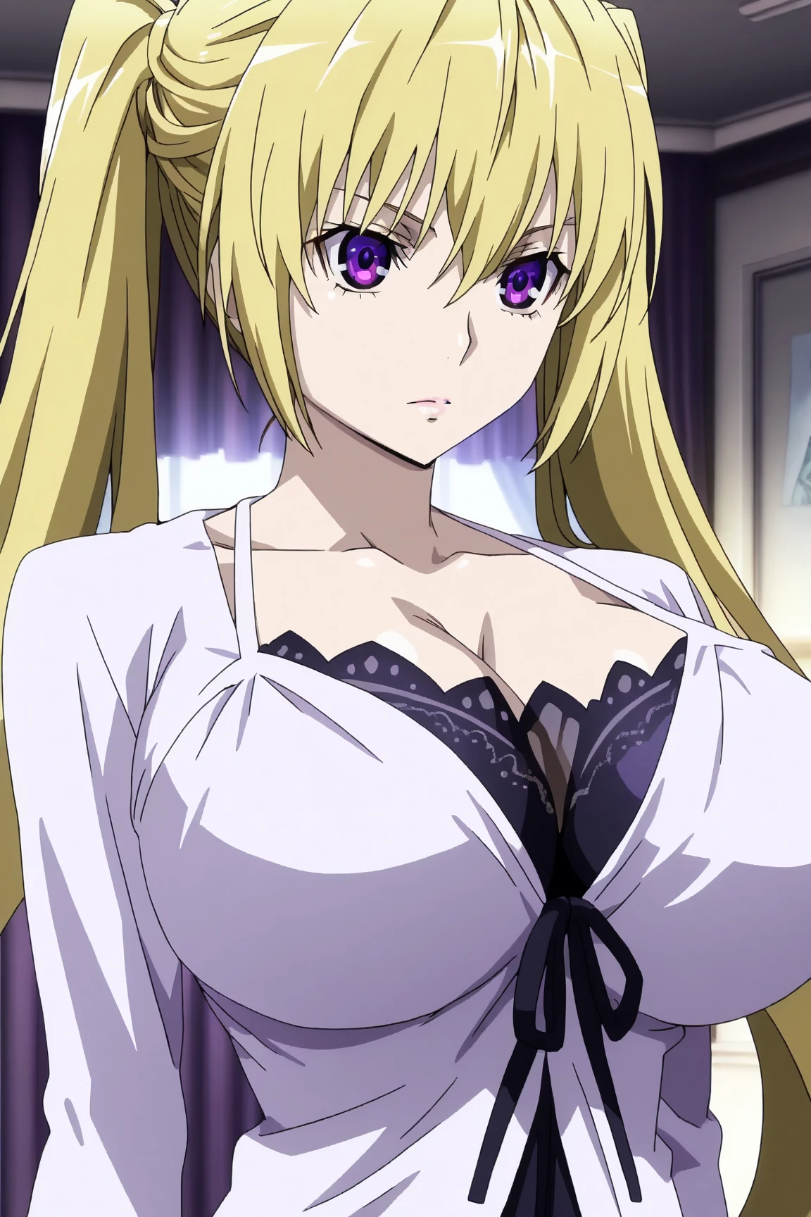 masterpiece, best quality, screencap, 1girl, solo, adult, blonde hair, long hair, golden earrings, pink eyes, detailed face, white unbuttoned shirt, black flower bra, large breasts, black pencil skirt, infront of viewer, empty look, jitome