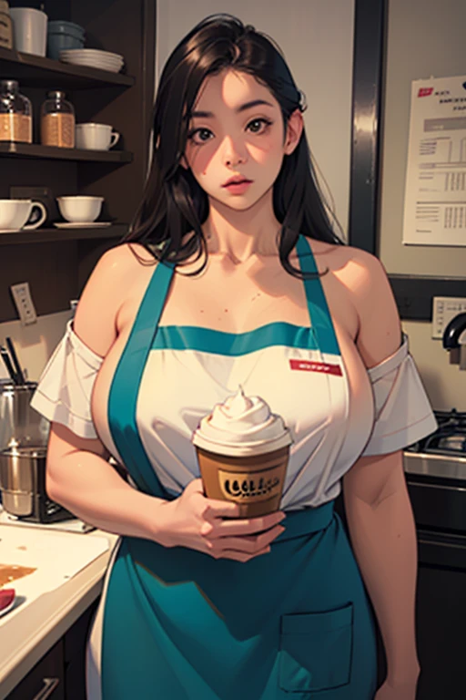 Cool beauty，Looks sweet，(updo, blue and pink hair), only wearing dark green starbucks apron, off-shoulders, show cleavage, (show big thigh, plump body), ???????????, full body photo, standing pose. nd. In coffee shop. Tatooed 