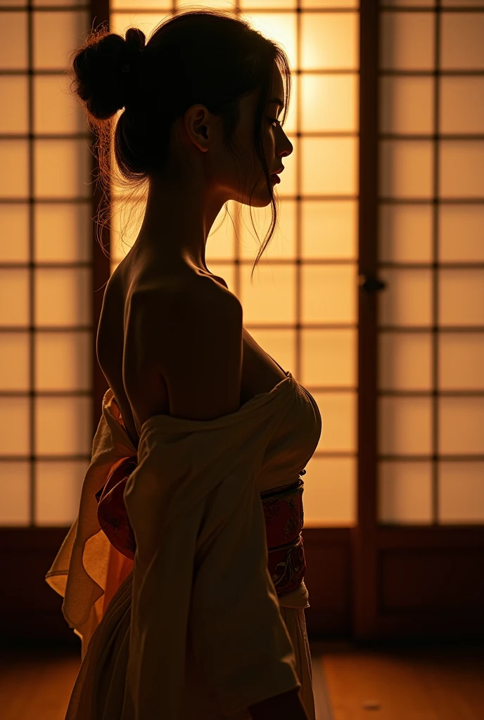 Midnight darkness envelops a traditional Japanese room, punctuated only by the soft lunar glow seeping through gaps in the sliding doors. A 35-year-old Japanese MILF widow stands with her back to the viewer, the hem of her black kimono rolled up, showcasing her porcelain-white buttocks, resembling a perfectly ripened peach.