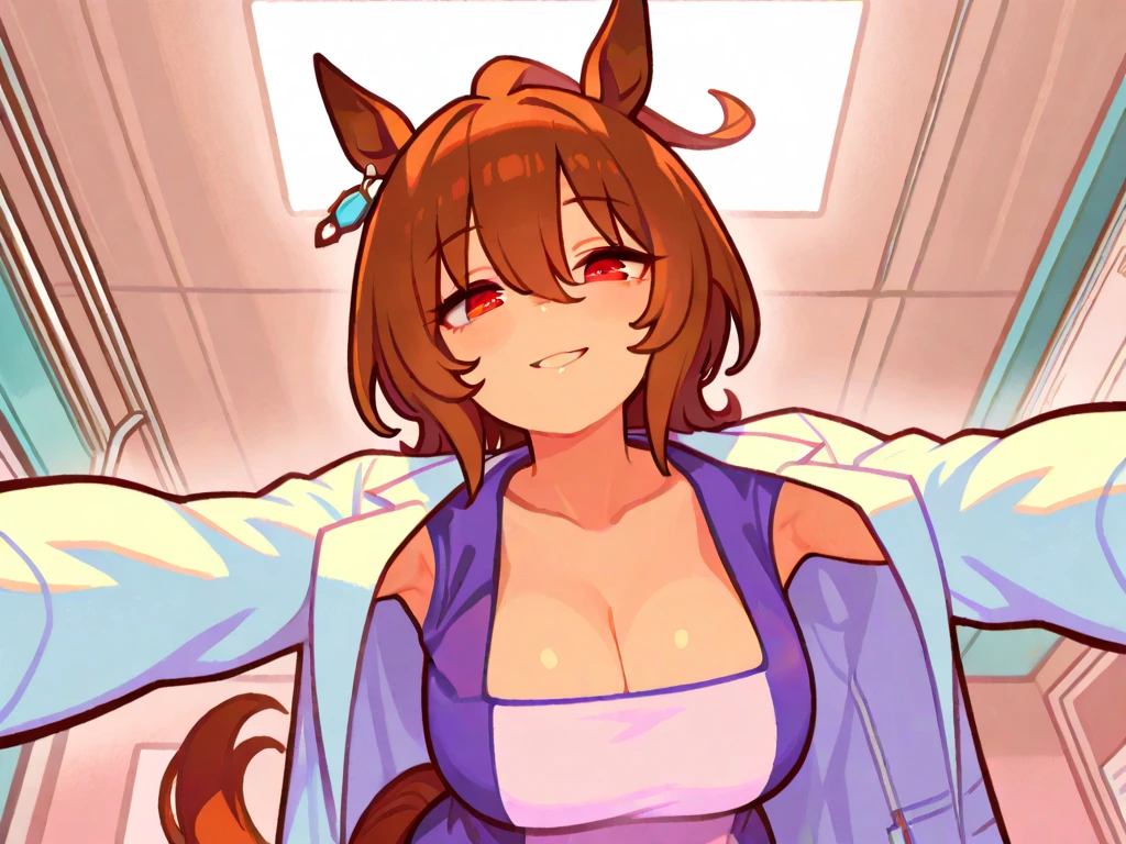best quality, best resolution, (fluffy anthro furry), calico cat girl, maroon hair, short wavy hair, brown eyes, [[make the fur surrounding her right eye brown]], large , thin body(tight pure darkblue one piece swimsuit with white rectangle on chest, ripping apart in breast, leaning forward, covering breast with ands, indoor schoolpool, wet, shocked