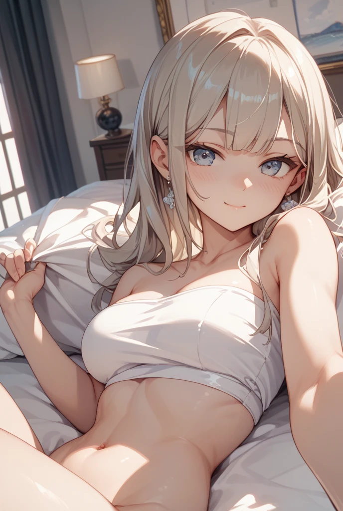 (best quality), (masterpiece), (highly detailed), (Isekai Nonbiri Nouka Yaa), (yaa), One girl, light smile, closed mouth, dark skin, blonde hair, long hair, orange eyes, pointy ears, hairband, small breasts,  (Realistic white lace bra pantie), (white lace bra), (white lace Panties),  ( lying on back), (legs up), (spread legs), looking at the viewer, cowboy shot, indoors, bed, nsfw