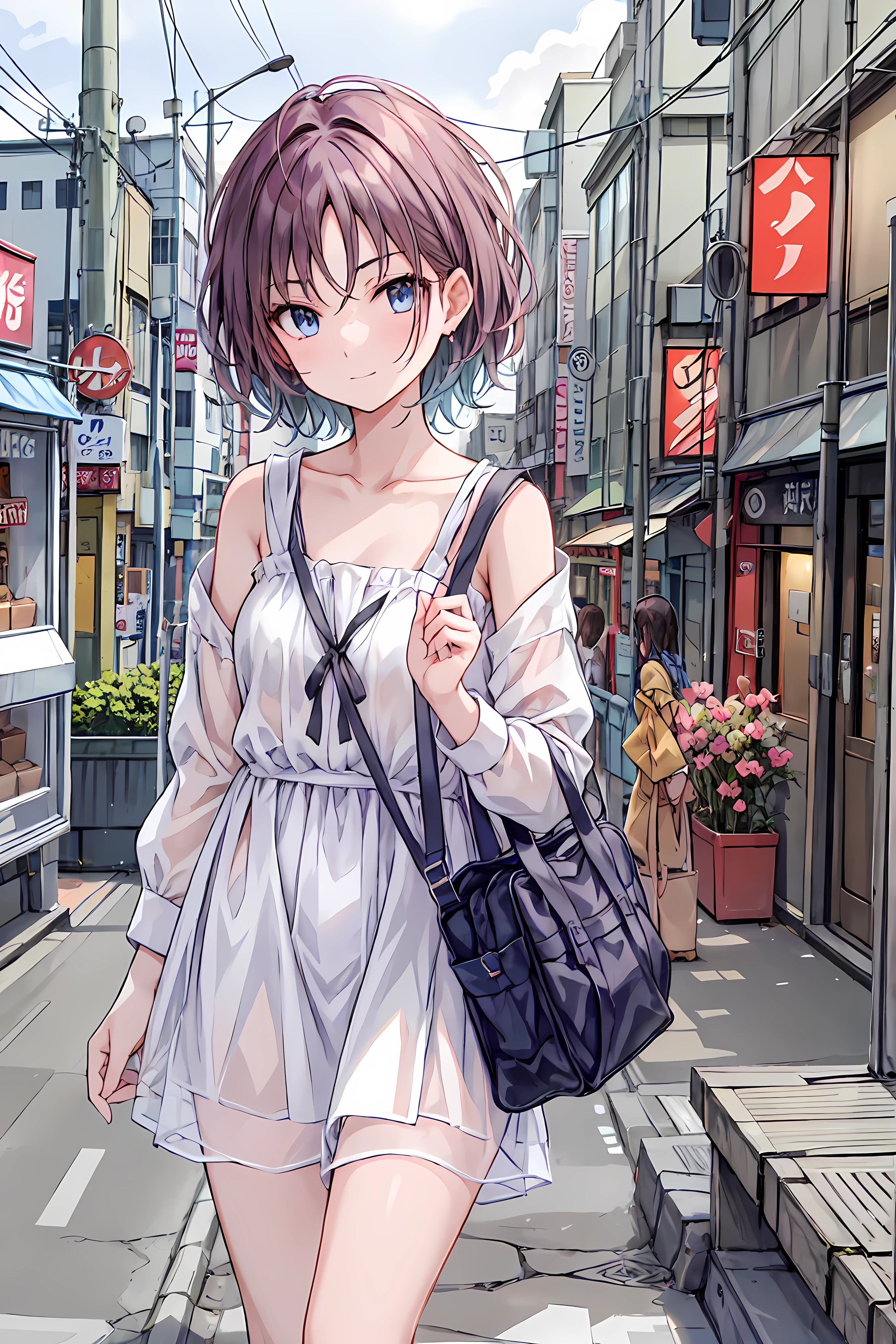 young girl, white dress, shopping, light blue eyes, black hair, glasses, quiet, elegant