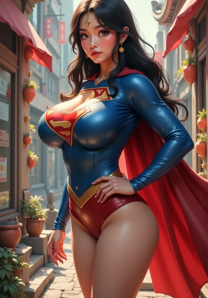 jasmine 1girl, supergirl outfit, (big breasts:1.4), outdoor, city landscape, full body, (realistic:1.2), (realism), (masterpiece:1.2), (best quality), (ultra detailed),(8k, 4k, intricate),light particles, lighting, (highly detailed:1.2),