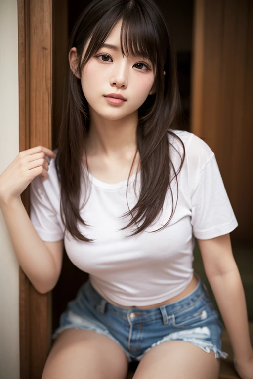 masterpiece, Best Quality, 8K, 20 yo, huge breasts, cuddly, Solo, sad, Cute, Girly, Delicate girl, Neat and clean beauty, Raw photo, Professional Photography, Portrait, Soft light, Professional Lighting, Back lighting, Upper body, front view, Sophisticated, Film grain, (Eyes and faces with detailed:1.0), short length floating hair, beautiful flowing hair, bangs, Thermal Lounge Shirt, Erotic shorts, Standing Elegantly、beautiful thick legs