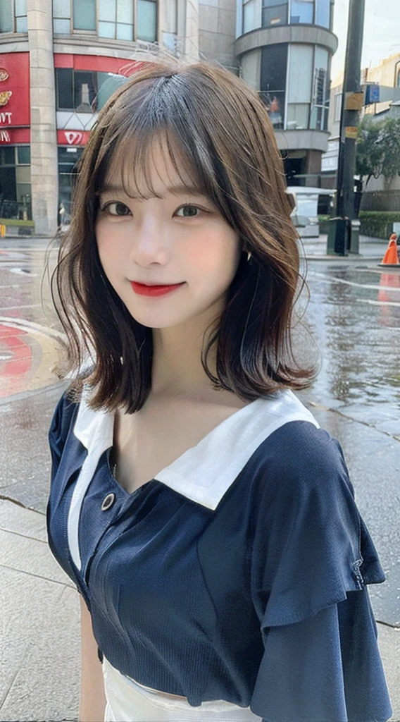 ((Highest quality, 8k, masterpiece:1.3)), concentrated: 1.2, Skinny slim perfect body beauty: 1.4, 小さなchest、Hips: 1.2, ((Layered Haircut, chest: 1.2)), (Wet clothes: 1.1), (rain, street:1.3), Bandeau dress: 1.1, Highly detailed face and skin texture, Beautiful Eyes, double eyelid, Whitening skin, Long Hair, (shut up: 1.3), smile