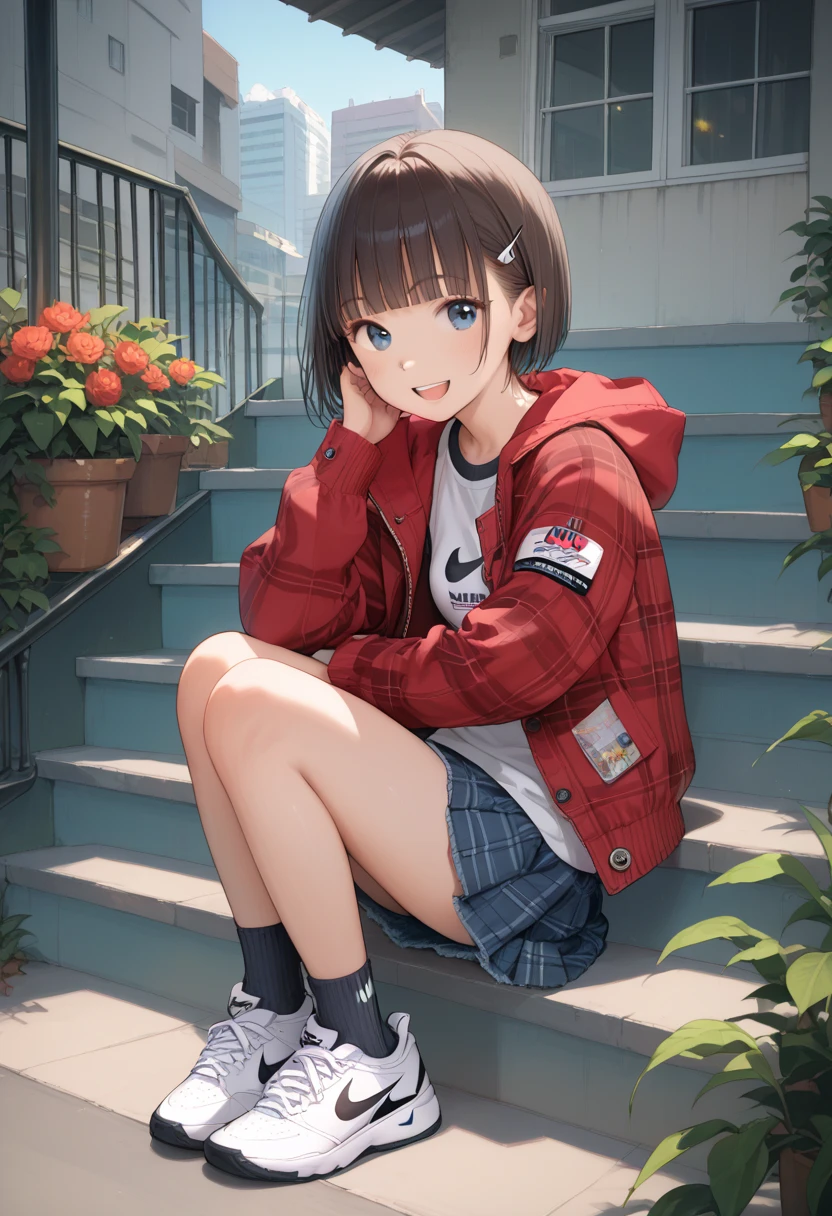 8K, highest quality, masterpiece, Ultra-high resolution, Film Grain, movie, One girl, View Viewer, Natural skin texture, Realistic eye and facial details, full 唇, Lip tick, (compensate), Red eyeshadow, Fluffy short hair,Korean beauty style,White shirt,smile, Close your mouth, beautiful feet, skinny, slim_feet, alone,University campus,Brown Hair,Bracelet,Black long boots,Knee-high socks,VIVIZ,UMJI,Korean Style,Korean,かわいいKorean,Natural Makeup,cute,Medium Short Hair,Earrings,Depth of written boundary