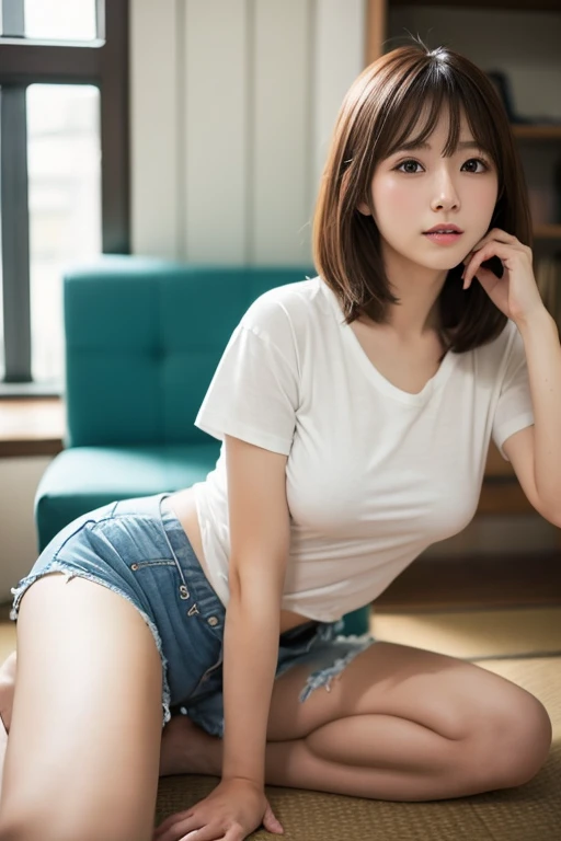 Japan person, woman, single, double, short sleeves, shorts, big breasts, looking down, viewer, white background, realistic, best quality, high resolution, photo