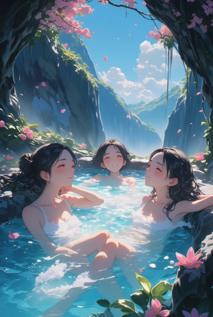 9 beauties, around hot spring, background of nature, looking into camera, steam, big, beautiful legs