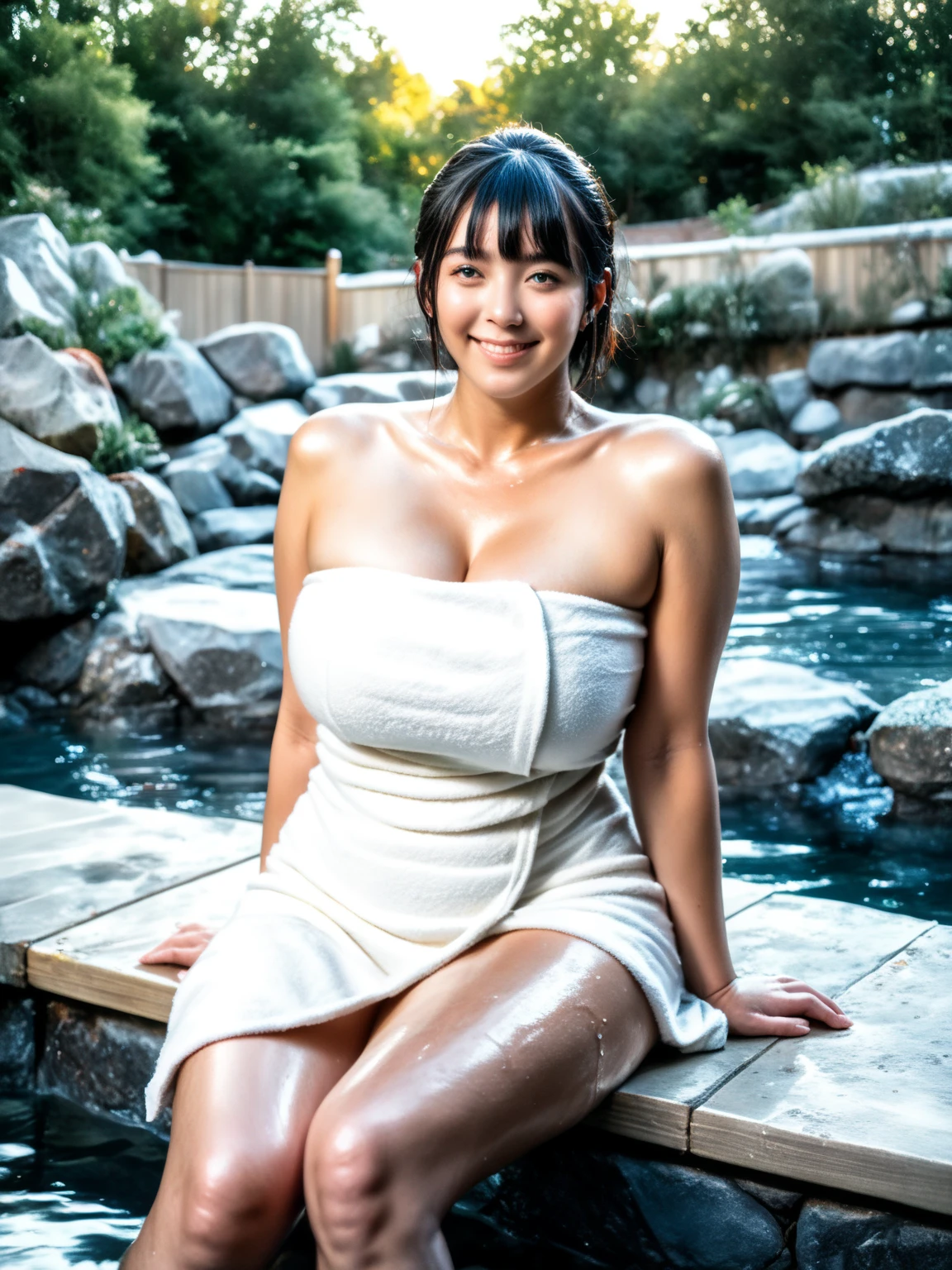 highest quality,1 female,Very large breasts, Diameter about 50cm、Tight waist、Beautiful 20 year old Japanese woman with a very big ass, A smiling woman bathing with her legs apart in a hot spring with a view of Mt. Fuji