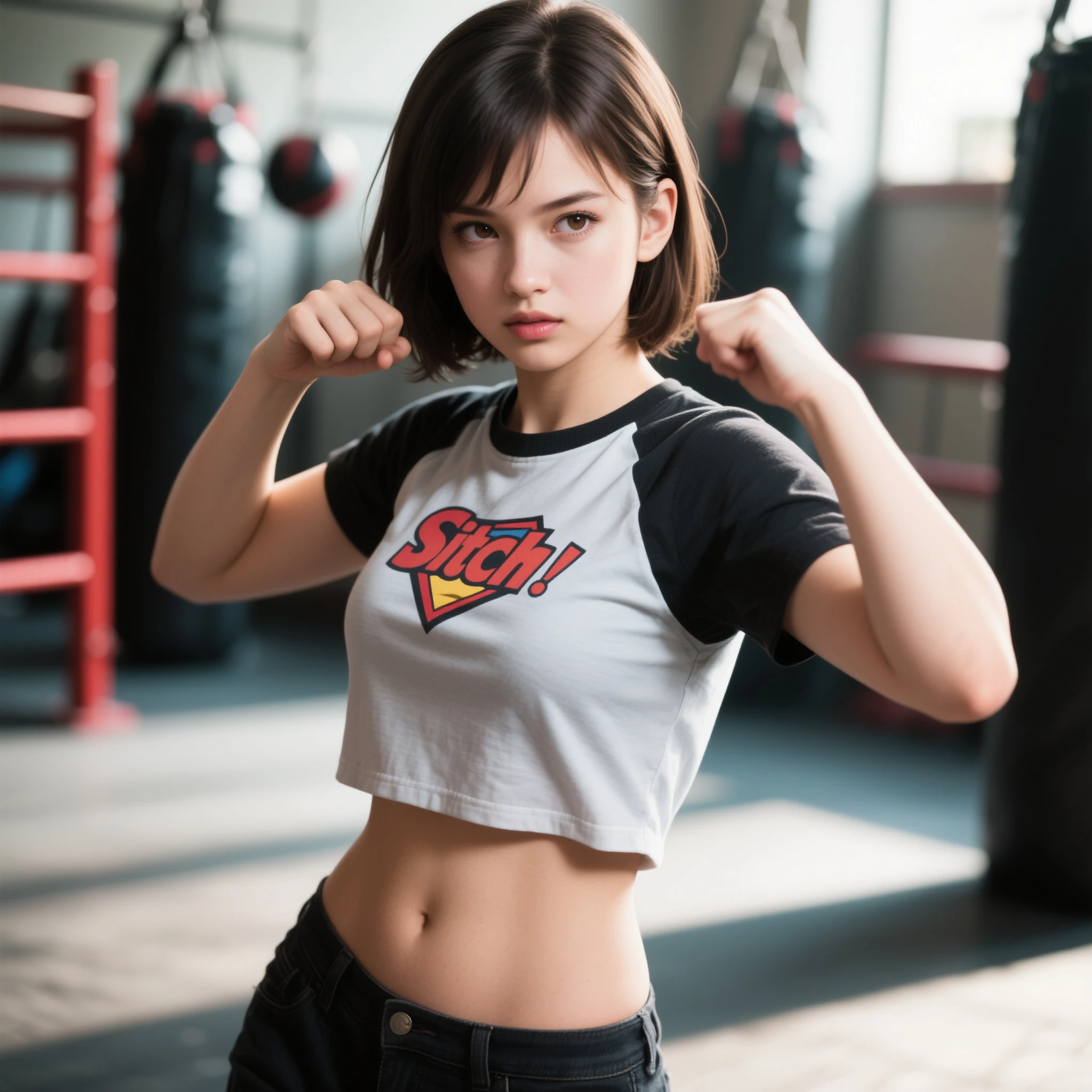 Masterpiece, top quality, (realistic, realistic: 1.4), (RAW photo: 1.2), very delicate CG Unity 8K wallpaper, very delicate beautiful, wonderful, boxing pose, attention to detail, official art, ridiculous, incredibly ridiculous, huge file size, very fine, very delicate, beautiful eyes and face, beautiful delicate eyes, light on face, a girl,(short ponytail:1.2), (pompom) navel, upper body, PE uniform short sleeve crop top button t-shirt, boxing gloves, bare arms, Bangs, Boxing Gym, Boxing Ring, ULZZANG-6500-v1.1,Small head, small face, slim, thin, shoulder length black straight short hair, small chest, flat chest, serious, powerful, angry,(strong muscles:1.6),(sweat:1.7)