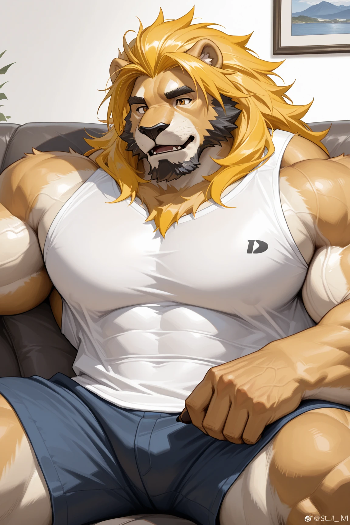 Lion, good looking, male, anthro, ultradetailed, muscular, solo, bareness, rippling muscles, muscles, living room background, tail, smiling, pants, big pecs, bara,