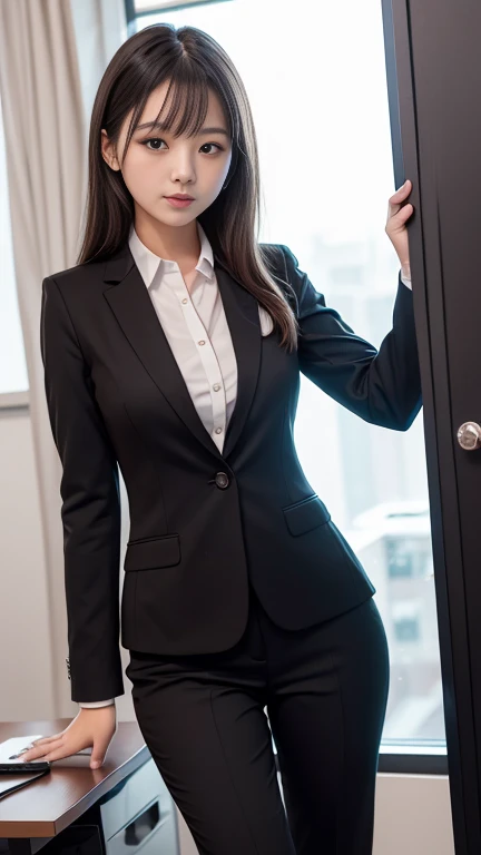 (8k、RAW Photos、highest quality、masterpiece:1.2)、(Realistic、Realistic)、detailed、Japanese、Attractive beauty、Attractive adult woman、Beautiful woman、Sharp Eye、Cool girl、Wavy Hair、Swept-apart bangs、Black business suit、pantyhose、Shining beautiful legs、lipstick、Lip gloss、Heavy makeup、Grin、evilな表情、evil、Hollow Eyes,Half-closed eyes、Hollow Eyes、evil、Night Room、Fukuoka、Nakasu downtown、Are standing