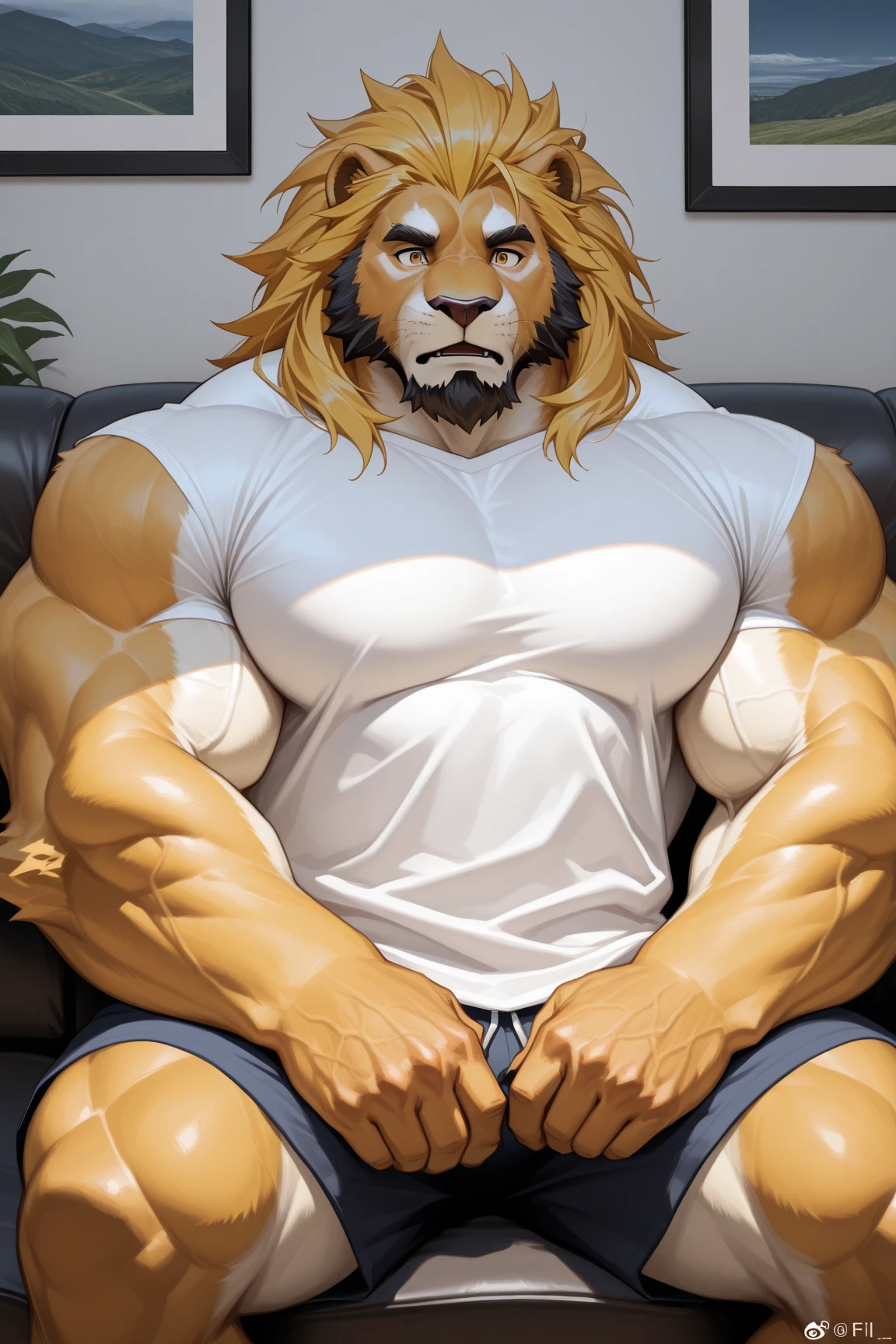 a very fat male lion with a long blonde mane, extremely detailed eyes, feral paws, long fur, very hairy, a big and extremely fat belly, very muscular arms, wearing a tight jockstrap, sitting on a comfortable seat, watching TV in a luxurious room with a double bed, face portrait, face portrait realistic, (best quality,8k,highres,masterpiece:1.2),ultra-detailed,(realistic,photorealistic,photo-realistic:1.37),HDR,UHD,studio lighting,ultra-fine painting,sharp focus,physically-based rendering,extreme detail description,professional,vivid colors,bokeh,cinematic,extremely detailed eyes and face, correct anatomy, correct and ultra detailed eyes, correct and ultra detailed paws