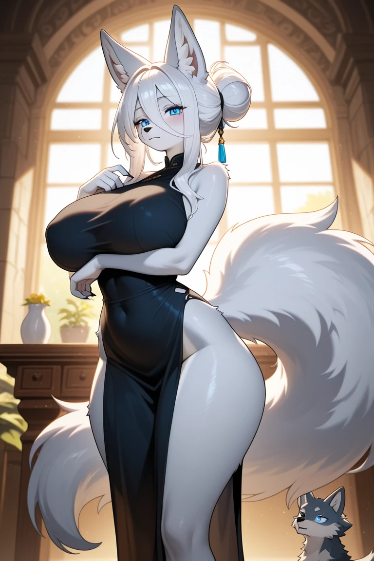 top quality, best quality, High-quality illustrations, masterpiece, 16k, 1080p, uploaded on e621)(kemono, furry, anthro, alone), round, 1 female, hot mother figure, very detailed body face and eyes, white tiger, Hannah, (Mahjong Soul: Game), white fur, fluffy, slightly chubby, big breasts, tail, perfect eyes, pink eyes, purple pupils, white long hair, beautiful evening dress, beautiful night, body movement, body twitching, shy smile, red blushing,