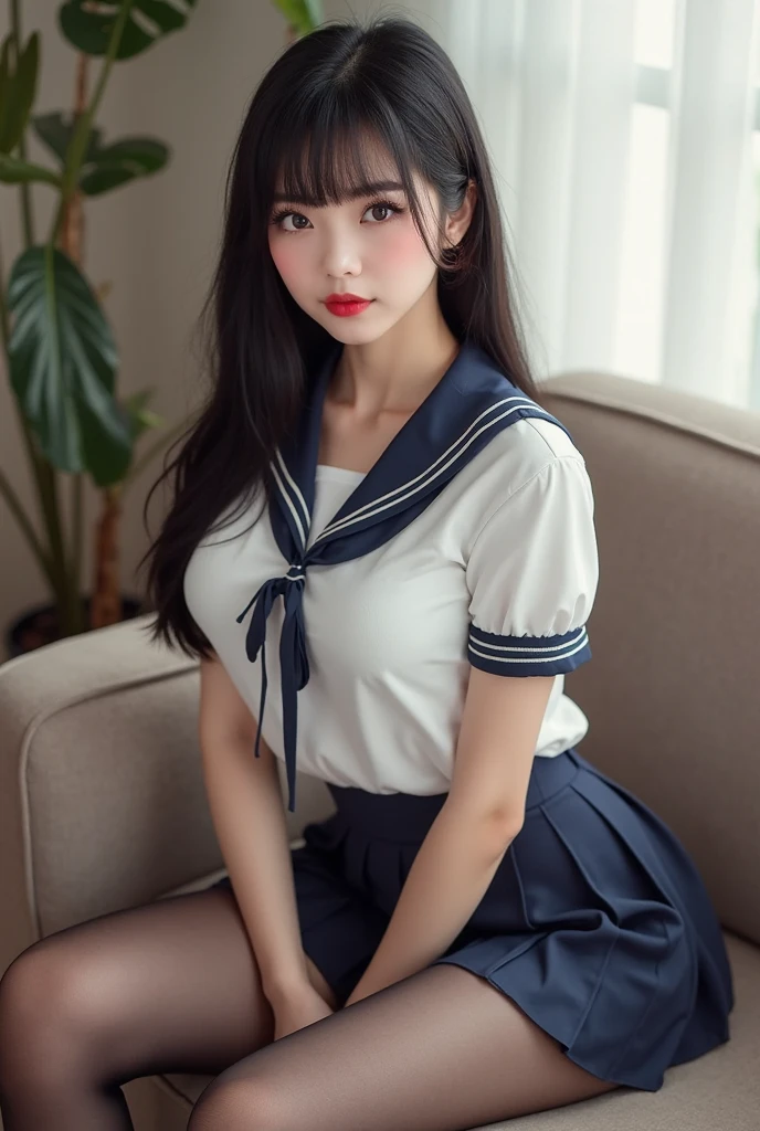 (((He gently comforts me on the sofa in the club room.))), ((high school girl, Sailor suit, mini skirt)), 15 year old beautiful girl, Baby Face, (A hopeful look), Slender body line, Small and slender figure, Perfect Anatomy, Detailed eyes, face and hands, highest quality, 8K, masterpiece