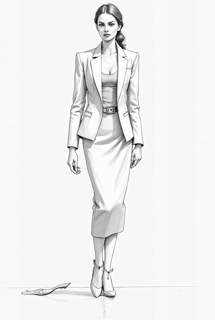 a drawing of a woman in a dress and jacket, girl in a suit, clear outfit design, unrealistic character concept, girl in suit, stylized portrait formal pose, realistic character concept, realistic proportions sfw, clothing concept, !!full body portrait!!, standing elegant pose, full body grayscale drawing, character full body portrait, female lead character, full body concept