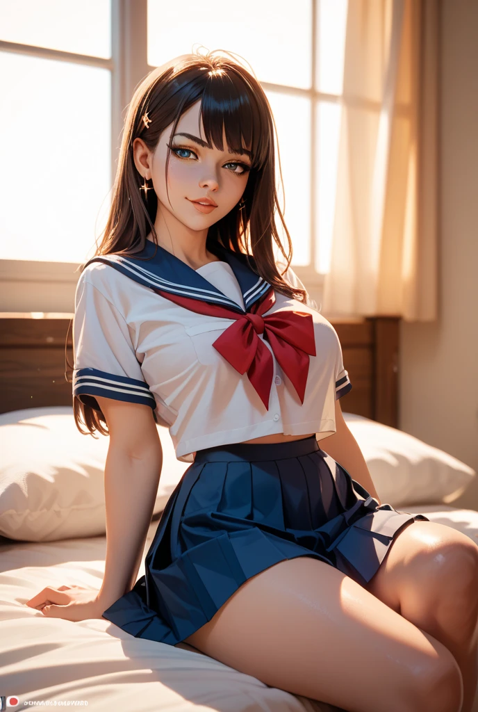 (1 woman), (Micro thong), ((under boob)), ((Crop Top shirt)), ((spread legs with one knee up)), (Sailor school uniform only for the upper body), (white short shirt), summer clothes, ((Red Ribbon Tie)), sheer white thigh-high socks, masterpiece, Best Quality, High quality, High Definition, Finely detailed, Detailed texture, realistic representation of face, Realistic, Colorful, Ray tracing, (((lighting forward))), smile, (glowing eyes), (Detailed beautiful delicate face, Detailed beautiful eyes, A perfectly proportioned face, High detailed skin, best ratio four finger and one thumb, (((Glowing white shiny skin))), (oiled skin), (large breasts), ((Smooth texture, Realistic texture, Photorealistic)), ((Green eyes)), (((midium hair))), (Beautiful face, Cute face, Detailed face), on a bed