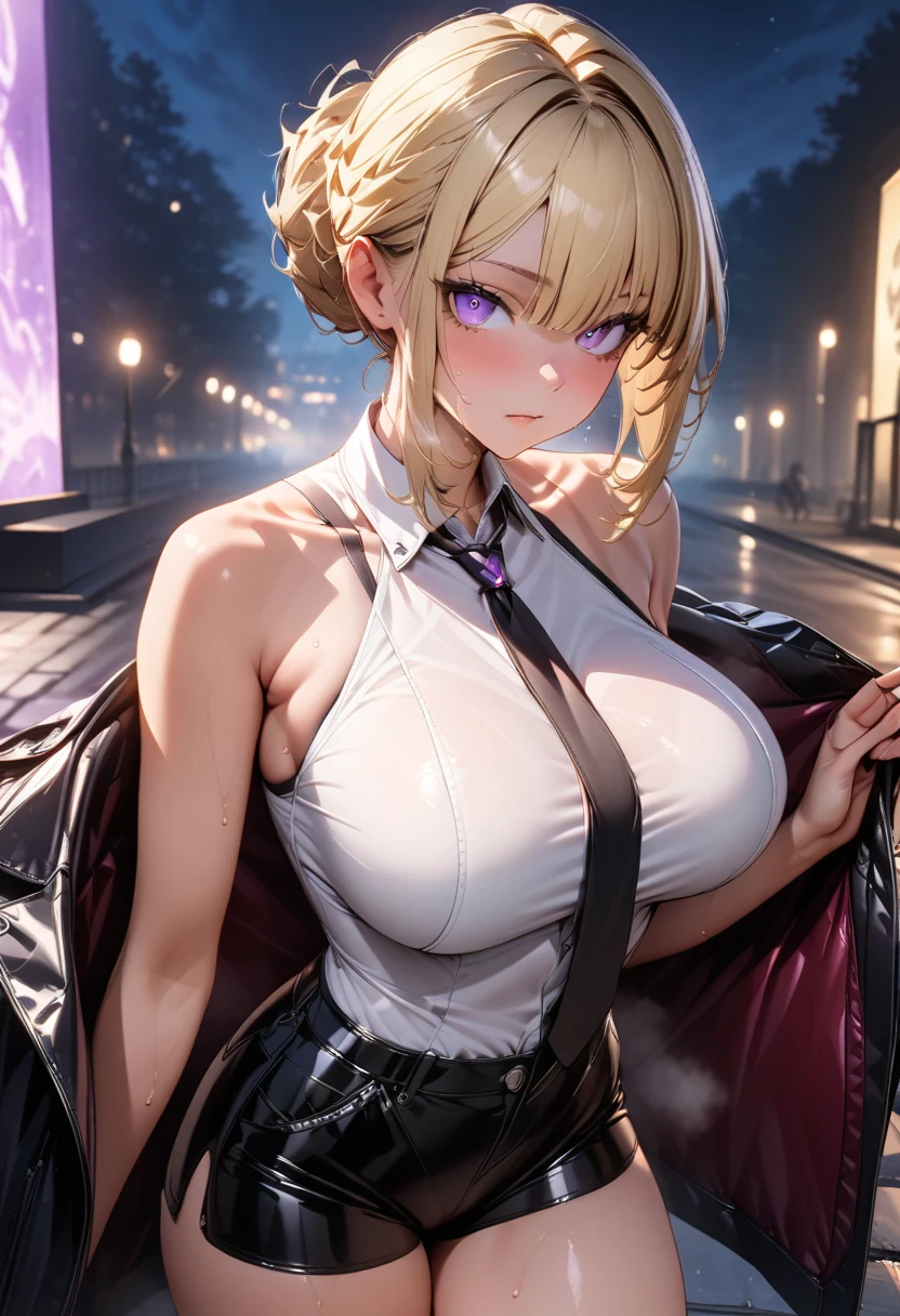 1 girl in, purple color  hair、Purplish pink eyes that dreamers desire, (Blonde hair) , small stature, Colossal tits, Lori, (masutepiece:1.2, Best Quality), (finely detailed beautiful eye: 1.2), (beautifull detailed face), (Best Illumination, extremely delicate and beautiful), ((Cinematic Light)), Dramatic light, (Pale white background:1.5), Short bob hair（1:3）、Ultra Contrast、Braid a little around the ears, 鎖骨, White long dress、Perfect Finger、only has 5 fingers、、Her pussy is visible through the white thong、Wet pants、You can see inside your underwear、full of sweat、mocking look、diaper、nffsw,Arms crossed、grab the arm、Shoot from below、The angle is as seen from below.、Best Quality、Large breasts、muscular pussy、Pubic hair,high-level image quality、hightquality、8K,perfect hand、5 fingers、finger pin、Perfect Finger、T back、Naked、noise cut、bullet hand、Her hair color should have been a brighter purple.The skirt part is also carefully expressed..、Purple skirt、the skirt is floating in the wind、Dark purple panties、Pubic hair majority