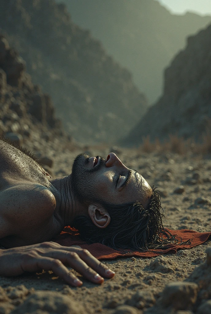 "Create a powerful and emotional scene that portrays a man enduring great hardship in a desert setting. He is shown lying on the hot sand, with large stones weighing down on his chest, his face reflecting a mixture of pain and unbreakable faith. The surrounding environment should be barren and harsh, with the intense sunlight casting sharp shadows. The overall mood of the image should convey suffering, resilience, and deep spiritual strength. No text or specific names should be included in the image."