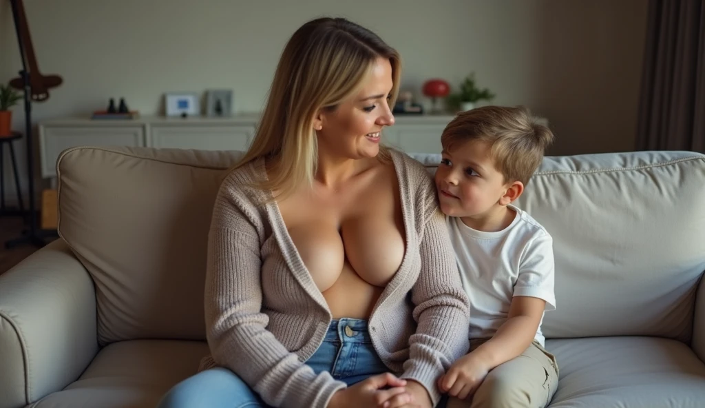 ((A age son attached to his mother:1.5)), (she is one ultra sexual 32 year old sexy angelic supermodel mother bride embracing her young sons:1.5), ((naked exposed breasts:1.5)), ((nude exposed pussy:1.5)), high quality fingers, normal hands, detailed fingers, masterpiece, (realistic, photo-realistic:1.37), (full body:1.5), (masterpiece), best quality, ultra beautiful woman, slender legs, large FF cupped breasts, ultra deep cleavage:1.5, thin waist, blonde hair, bright blue eyes, cute round ass, with a fun quirky smile, unbuttoned blouse, (cleavage in V:1.3), a family hug photo, outdoor family wedding setting , view from side