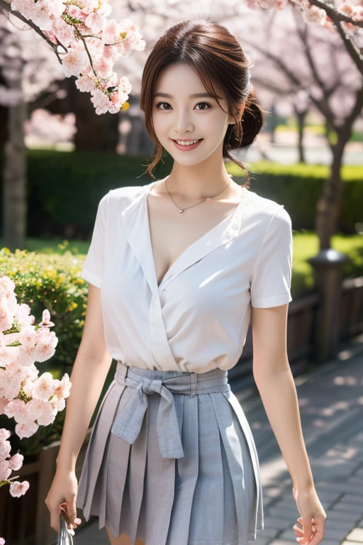Masterpiece, high quality, high resolution, 8K, ((Skinny Japanese woman in a costume which consists of a short-sleeved white shirt and a light-brown long skirt)), beautiful face, natural makeup, detailed face, detailed eyes, a photo that feels endearing