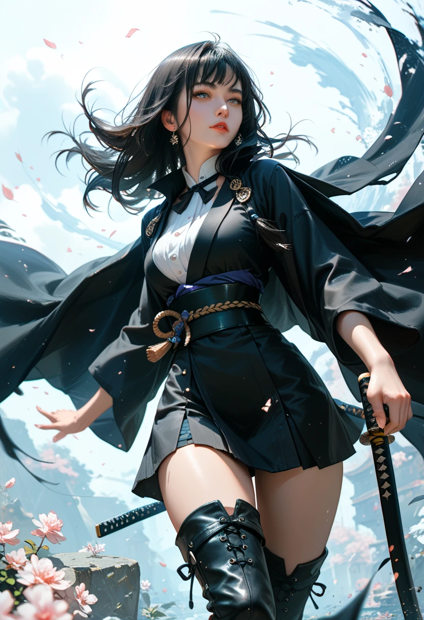 mumu, 1girl, 独奏, one eye covered, whitebackground, full - body, Simple background, overcoat, upskirt, long sleeves, Shoes, black footwear, revealing clothes, open coat, blackskirt, looking a viewer, white coat, ssmile --auto