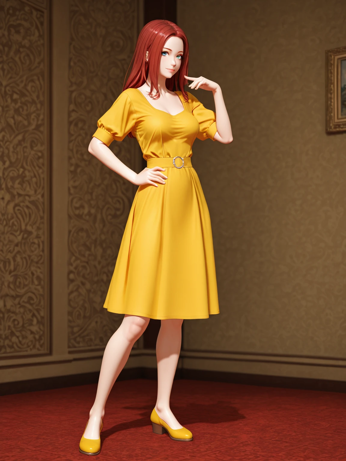 (Masterpiece,detailed, super high quality,In 4K,Highest qualityの高品質,extremely detailed,Attractive photos,Highest quality, In 4K, 8k, High resolution,Precise human body,Perfect garment,Top quality illustrations:2)(One-piece style,Nami,whole body)(handsome features, full makeup,lip gloss,eyeliner),smile,Embarrassed,(Woman in her 20s,Beautiful woman,Beautiful face line,Feminine body lines,Beautiful orange hair,Fluffy long hair,Beautiful brown eyes)(Huge ,valley:1.2)(Red Chinese Dress,Mini Dress,valleyカットアウト)