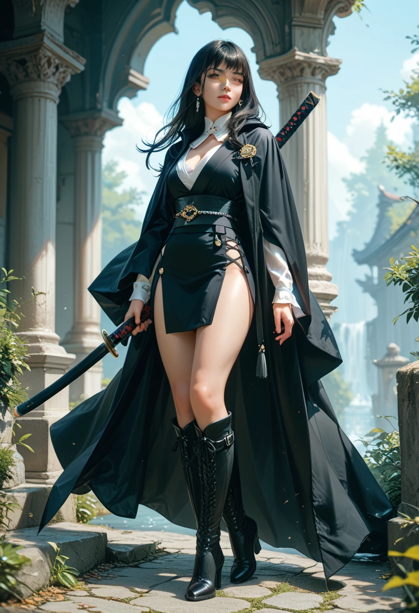 （best qualtiy：1.4），8K quality，Glasses girl，Long hair with black shawl，Fashionable to wear，with blue sky and white clouds，电影灯光，asiagirl，provocative pose