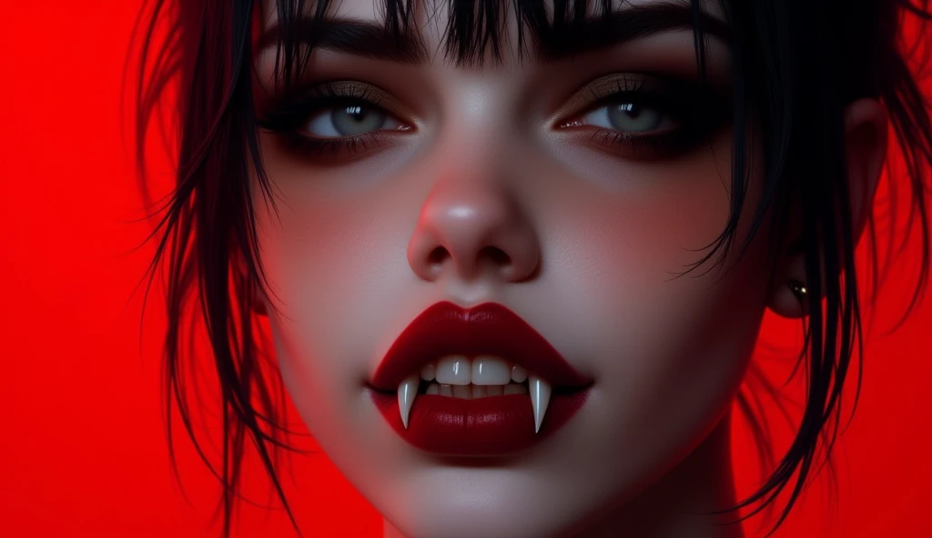 selena gomez, charming witch, bewitching bedroom eyes, thick lips, vampire fangs, tan skinned, vampiress, red lipstick, pink glossy lips, detailed face, slim, medium close-up