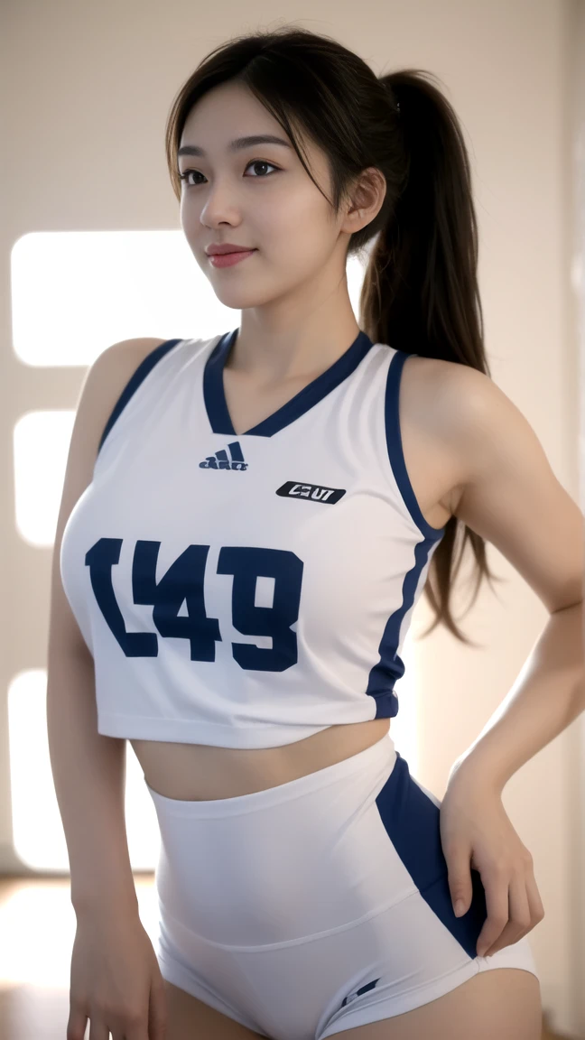 A close-up shot of a woman wearing glasses ((8K)) holding a basketball in a standing position, short hair, bob haircut, looking at the camera, wearing a basketball jersey, denver nuggets, the background of the basketball court, ((slotted bra)), (breasts), tight panties, (tight clothes) NBA, denver nuggets, masterpiece, payment Attention to the details of the picture, especially the eyes, the details, the emphasis on realism, is a realistic masterpiece, this official background, super-sentences , aesthetic, aesthetic, best quality, show image elegance and aesthetic, 8K, cinematography, 4HD, emphasis (on tight clothes), (tight underpants), (cracked chest) top quality image