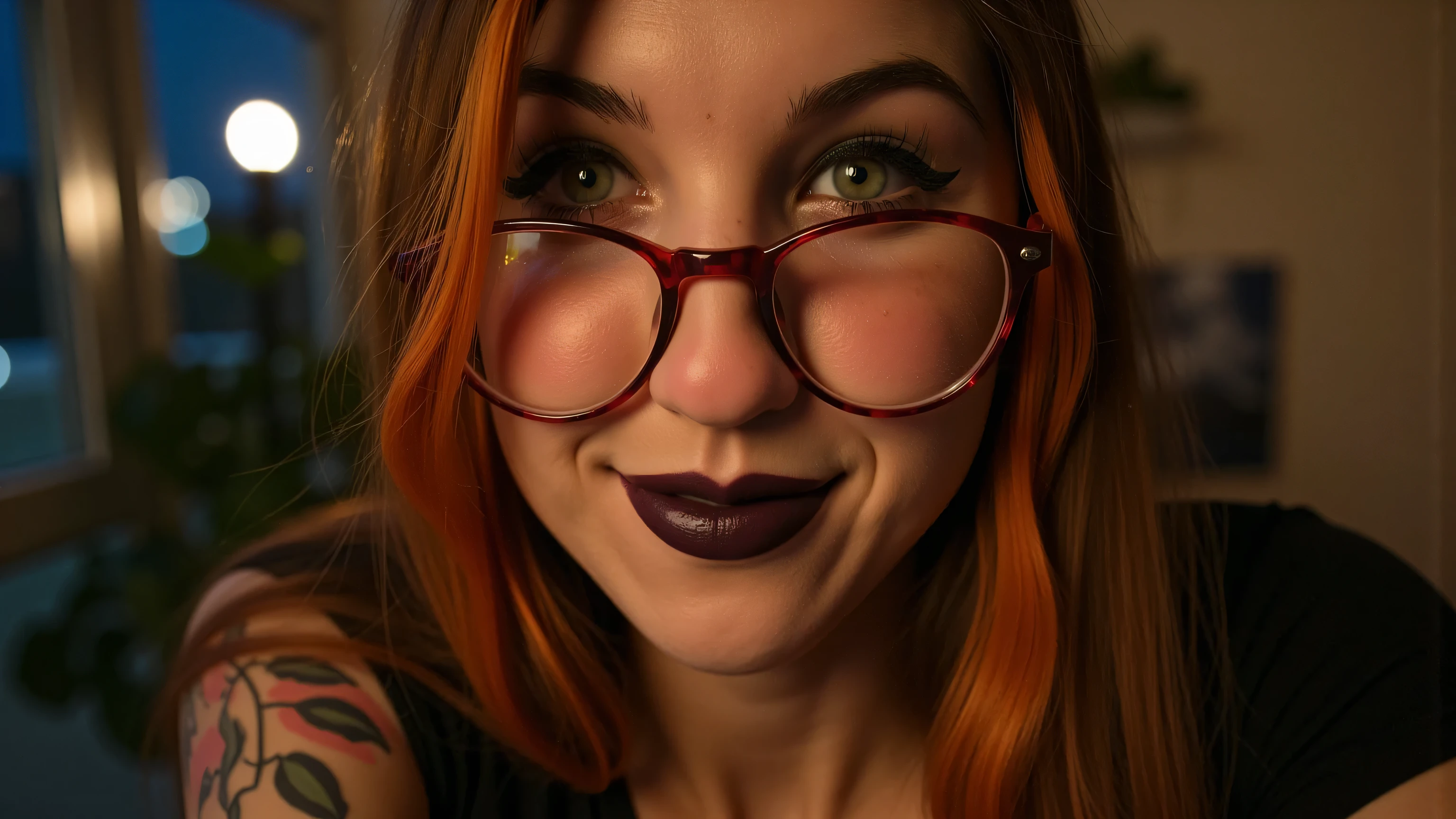 Incredibly realistic group photo of 5 girls, Incredibly realistic photo of 5 sexy wild girls with orange hair, beautiful eyes, pale skin, with an elegant and sophisticated touch , that matches their mysterious and strong personality . her appearance would be eye-catching , attracting curious and fascinating looks, Film lighting , chromatic aberration , backlight, masterpiece , detailed , high quality, 4K. Tight croptop and jeans. Show yourself . On knees . ((Closeup, high angle view, looking at viewer)), ((big breasts, thick thighs, very wide hips)), wearing glasses, black lipstick, cute smile