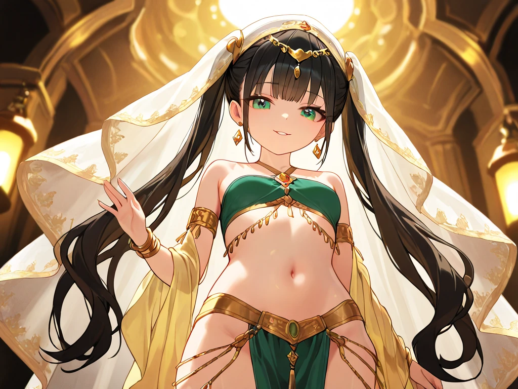 [[1girl, solo, arabian dancer, fantasy middle eastern]], [slim hourglass upper body, soft glowing bronze skin with golden highlights, smooth shoulders and collarbone, delicate neck], exposed collarbone and upper chest, [elegant exotic face, sharp nose, full lips, kohl-lined almond eyes, golden shimmer on cheeks], [long thick black hair, wavy twin tails tied with golden rings and silk cords], [emerald green eyes, sparkling, half-lidded, hint of mischief], [(ornate halter top:1.3), jeweled fabric with gold embroidery, sheer veils draped over shoulders], golden dangling earrings, layered bangles near face, [raised arm with flowing veil partially framing face], fingers slightly curled in delicate gesture, confident soft smile, enchanting gaze, looking directly at viewer, (cowboy shot:1.2), (slightly from below:1.1), warm glowing lantern light casting soft shadows, anime style, blurred palace backdrop with rich drapery and glowing oil lamps, intimate atmosphere, magical and mysterious mood, subtle shimmer textures, soft cinematic focus, glowing skin tone, high quality rendering, dreamy elegance, SuperQuality:1.2