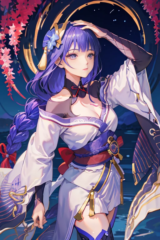 masterpiece, 8k, high resolution, detailed background, bokeh, shrine, raiden shogun, standing in front, perfect portrait, cinematic background, glowing particles, semi-realistic, solo, long hair, looking at viewer, hair ornament, ((white bikini)), cleavage, closed mouth, purple pupils, purple hair, braid, mole, blurry, sash, mole under eye, purple flower, (sfw),