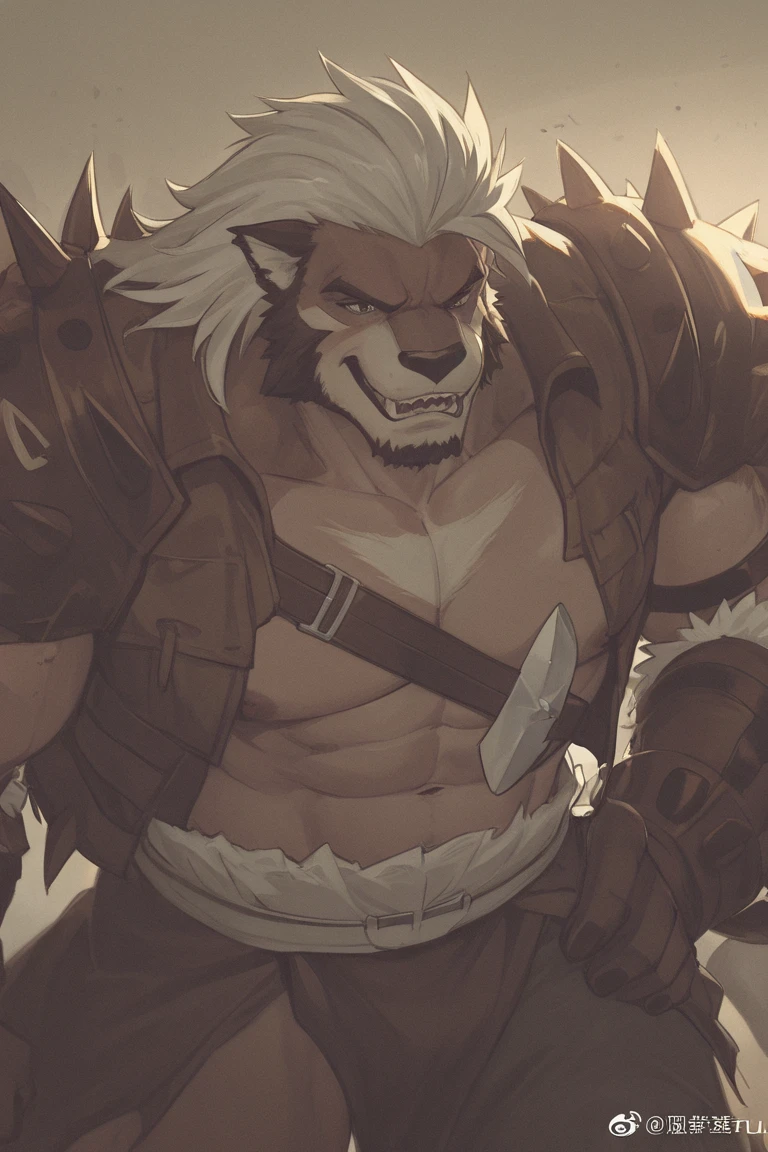 furry,HD,8k,Facial clarity,Bright Eyes,delicate eyes,Bug's Eye View,Canidae,gray wolf,full body portrait,male,uncle,warrior,tough guy,Rough man,gray fur,golden eyes,tall and strong,Muscles all over the body,Large pectoral muscles,8 pack abs,Powerful biceps,thick tail,thick arms,Generous animal feet,Generous wolf claws,A scar,There is a scar on the face,There is a scar on the chest,Handsome,Mature looking,Strong build,The face is majestic,Powerful and domineering,cute,male荷尔蒙爆棚,beard,armor,kneeling position, on all fours, facing the audience, triangle fight,shirtless,barefoot,erectile,tempting