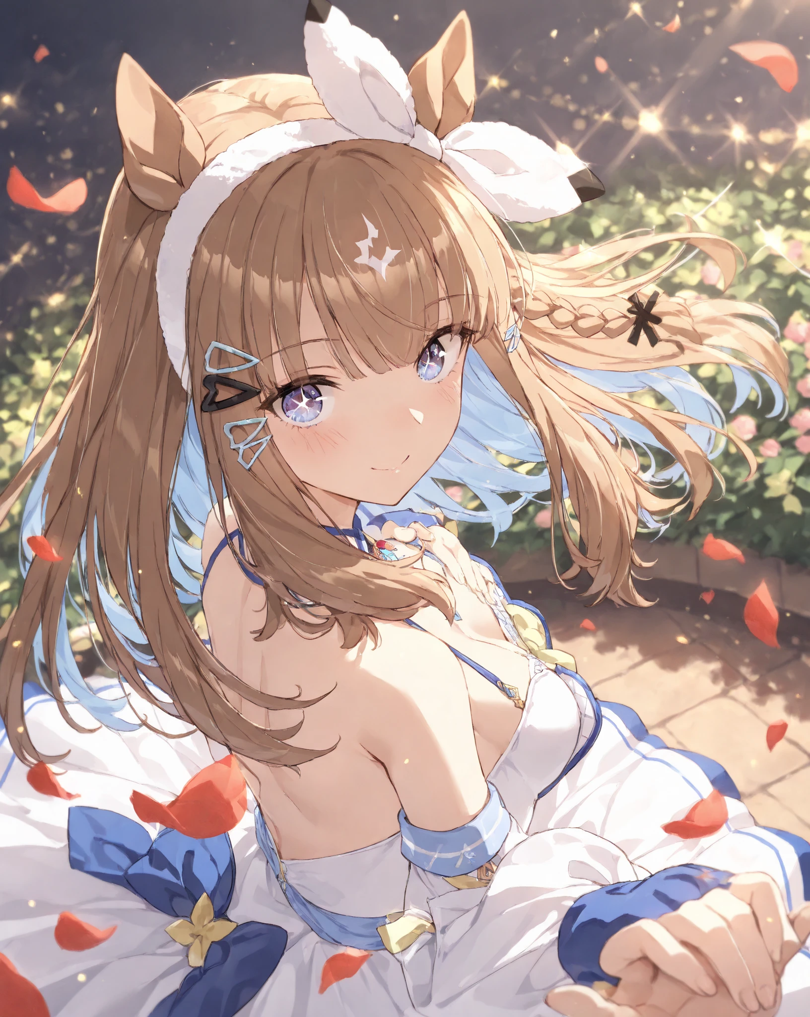 ((16k, highest quality, master piece: 1.2, super detailed, super high resolution, super detailed)),  1 girl, Glass Wonder \(umamusume\), Chestnut Hair, Part of the forelock is white, Long Hair, straight hair, Blue ribbon earrings, red line, one girl, animal ears, horse tail, Blue Eyes, fashionable, elegance, charming, seductive, stunning, charming cleavage, lovely, charming, cute, beautiful detailed face, beautiful detailed eyes, soft expression, slim Beautiful figure, curvaceous, Small breasts, slender arms, graceful hands, delicate fingers, slim wrists, elegant neck, bare shoulders, smooth skin, Seaside, sandy beach, Outdoors, blue sky,(White one-piece swimsuit,Blue and red lines, drenched, Wet skin)), A little angry.